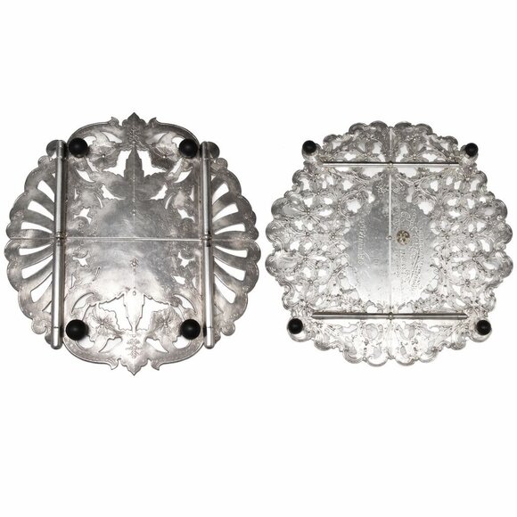 Vintage 90's 2 Piece Lot Silver Plated Ornate Expandable Trivet - Picture 6 of 6